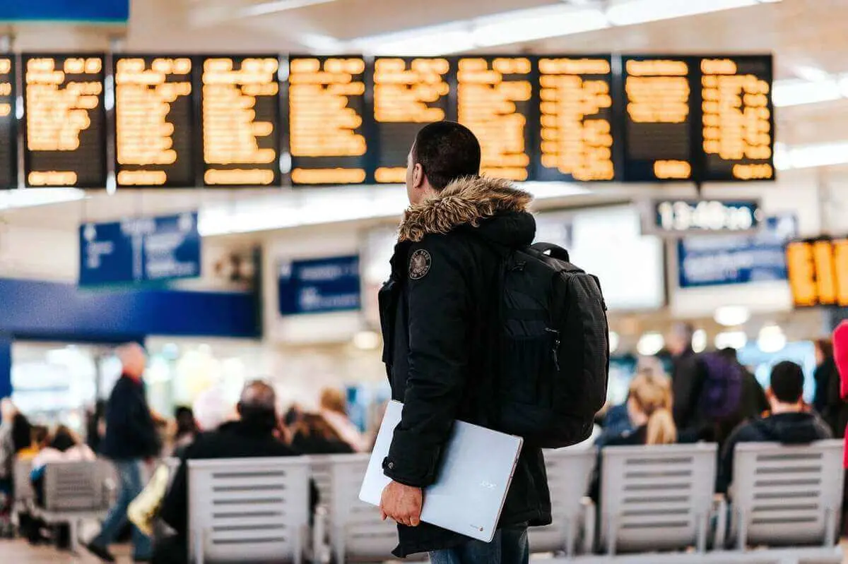Conference travelers in an airport terminal