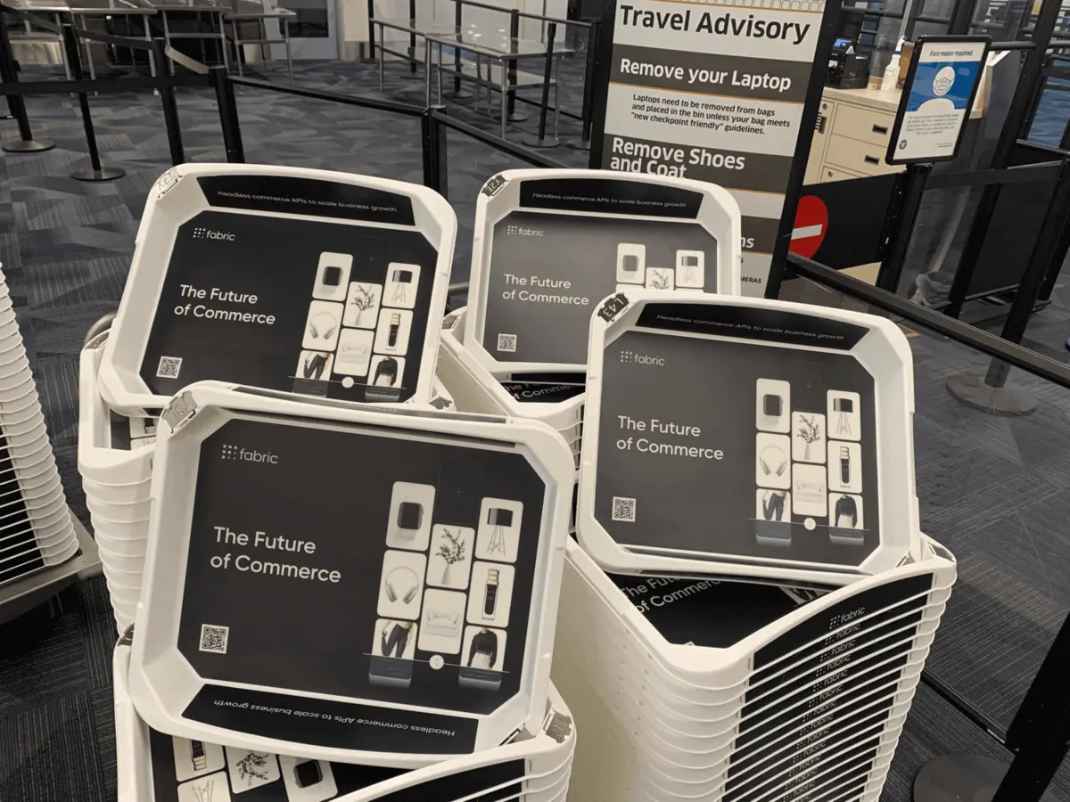 Example of TSA security trays in an airport terminal