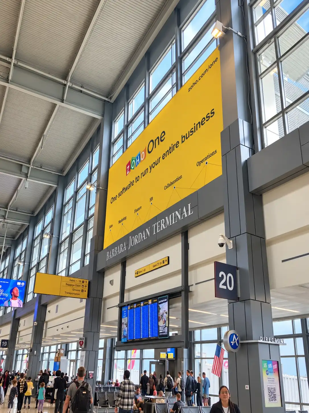 Zoho large-format banner, Barbara Jordan Terminal, Austin-Bergstrom International Airport (AUS).